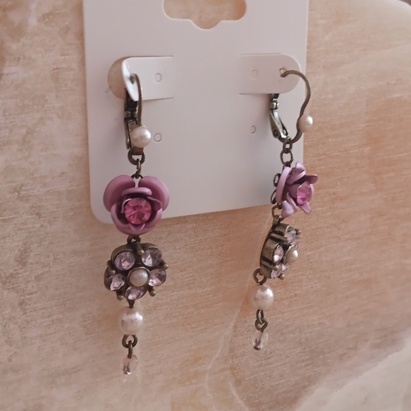 Brass Tone Rose Rhinestone Faux Pearl Drop Earrings - Picture 7 of 7